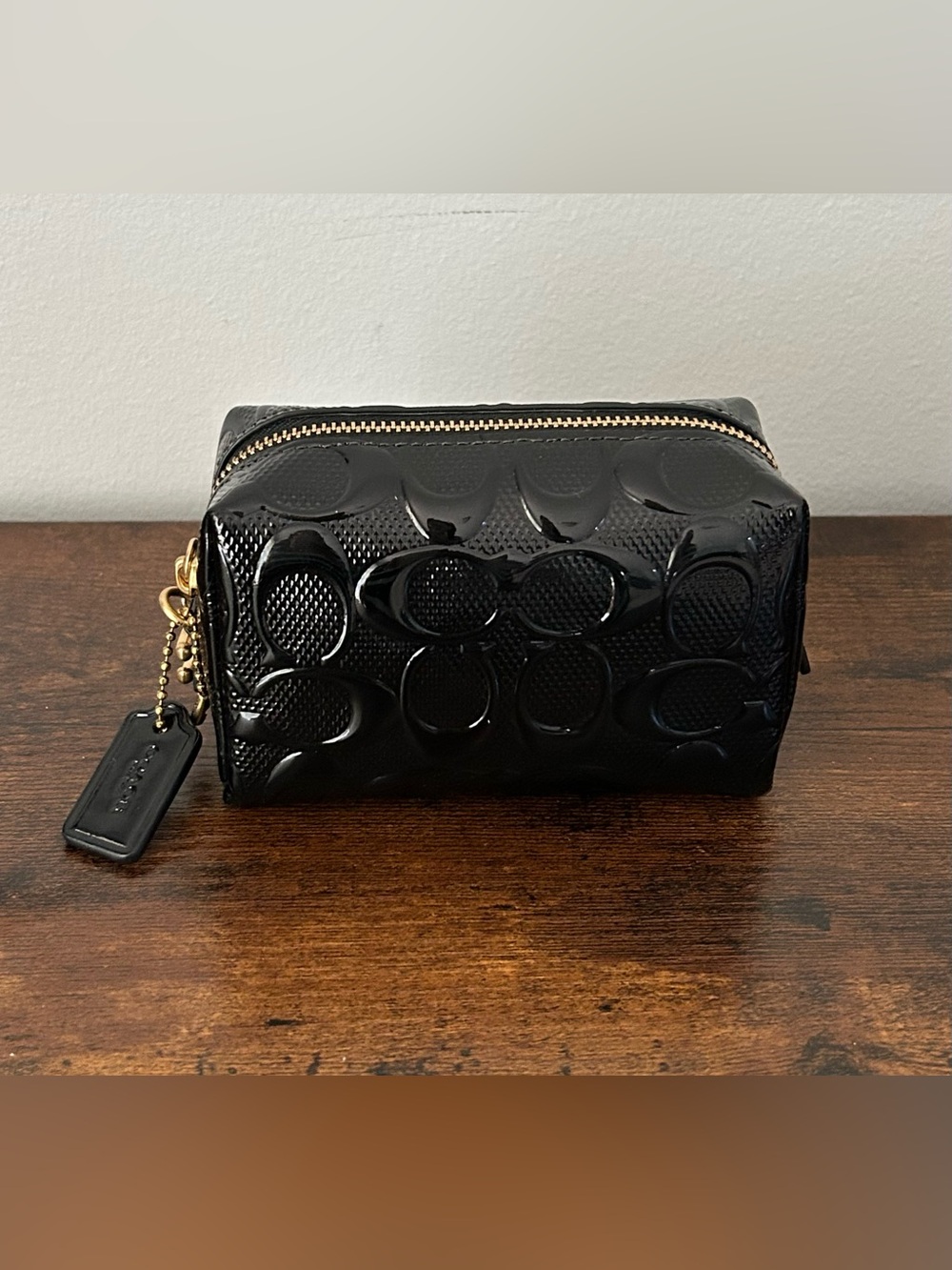 Coach Black Patent Leather Signature Cosmetic Bag